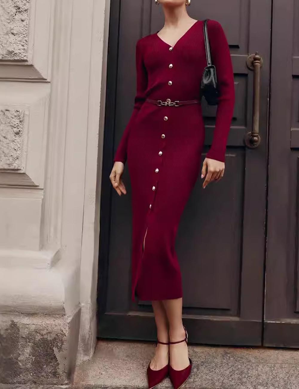 Fall Long Sleeve V-Neck Button Knit Dress DP25G530