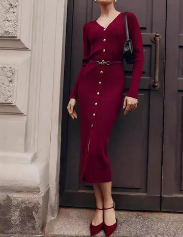 Fall Long Sleeve V-Neck Button Knit Dress DP25G530