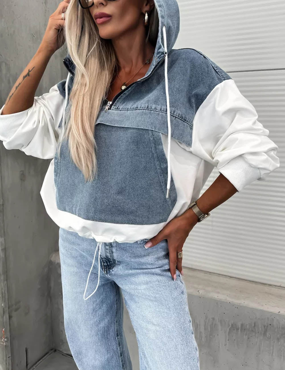 Trendy Splice Color Block Washed Denim Hoodie DP25E763
