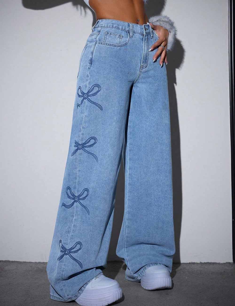 Casual Bow Print High Waist Baggy Jeans DP25G910