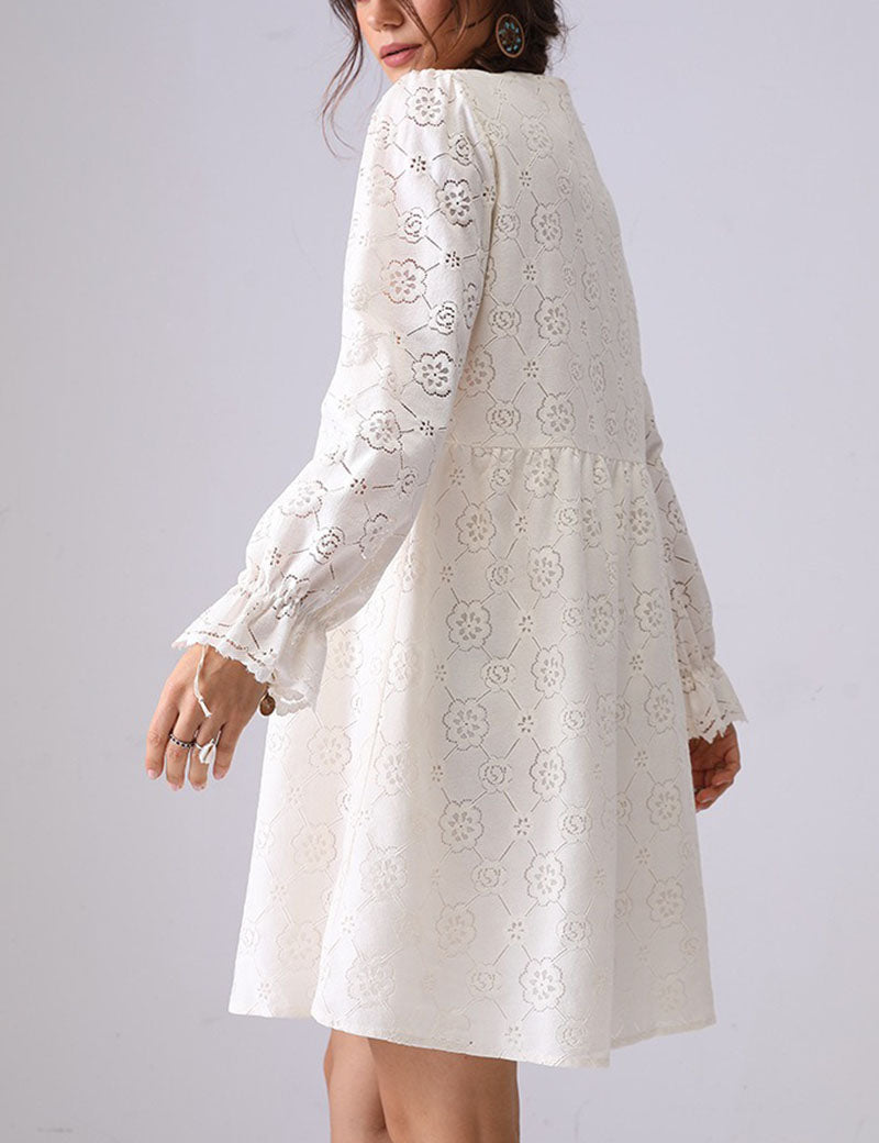 Hollow Lace Ruffle V-Neck Mini Dress DP25E682