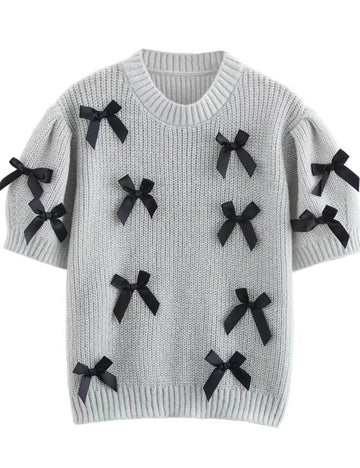 Elegant Crew Neck Bow Decor Sweater Top DP25C402