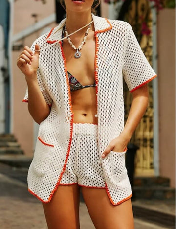 Color Block Lapel Button Down Short Knit Sets DP25B990