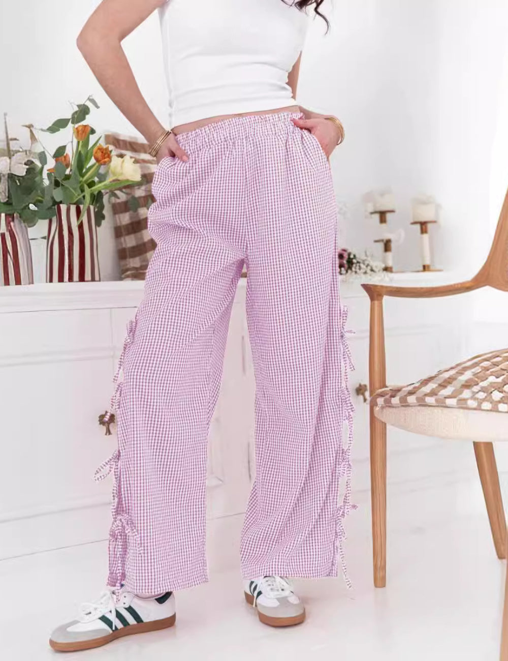 Plaid String Tie Straight Leg Pants DP25B660