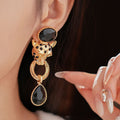 Vintage Rhinestone Gold Plated Tiger Head Drop Earrings 6W6JER821