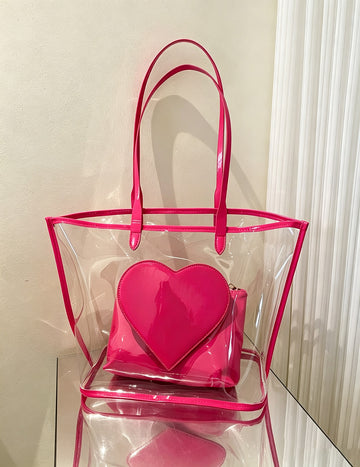 2-Piece Color Contrast Heart Clear Jelly Tote Bag 6W10BBG2130