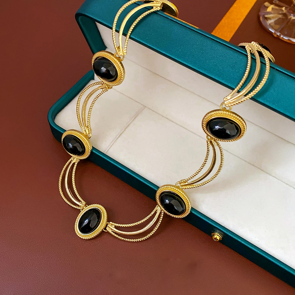 Retro Gold Plated Oval Gemstone Chain Necklace 6W6JNC942