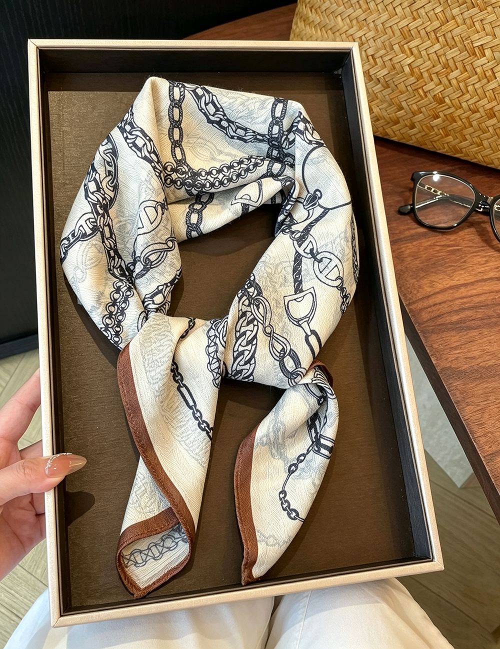 Retro Abstract Chain Print Soft Silk Scarf MK2BLW6W6NSI38