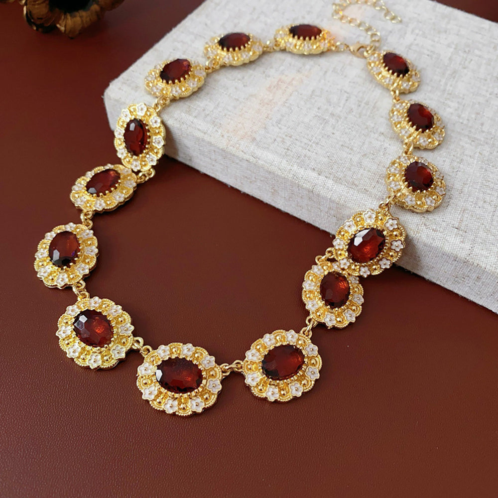 Vintage Rhinestones Floral Oval Chain Necklace 6W6JNC933