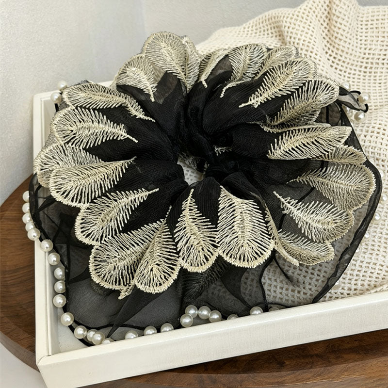 Elegant Feather Embroidery Pearl Decor Scrunchies 6W6HSR383