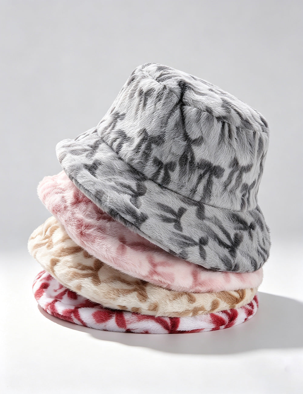 Fuzzy Plush Bow Knot Print Warm Bucket Hat 6W6HAT812