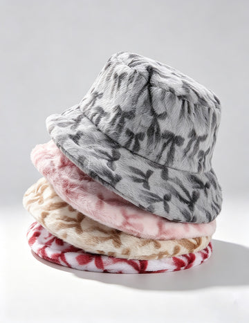 Fuzzy Plush Bow Knot Print Warm Bucket Hat 6W6HAT812