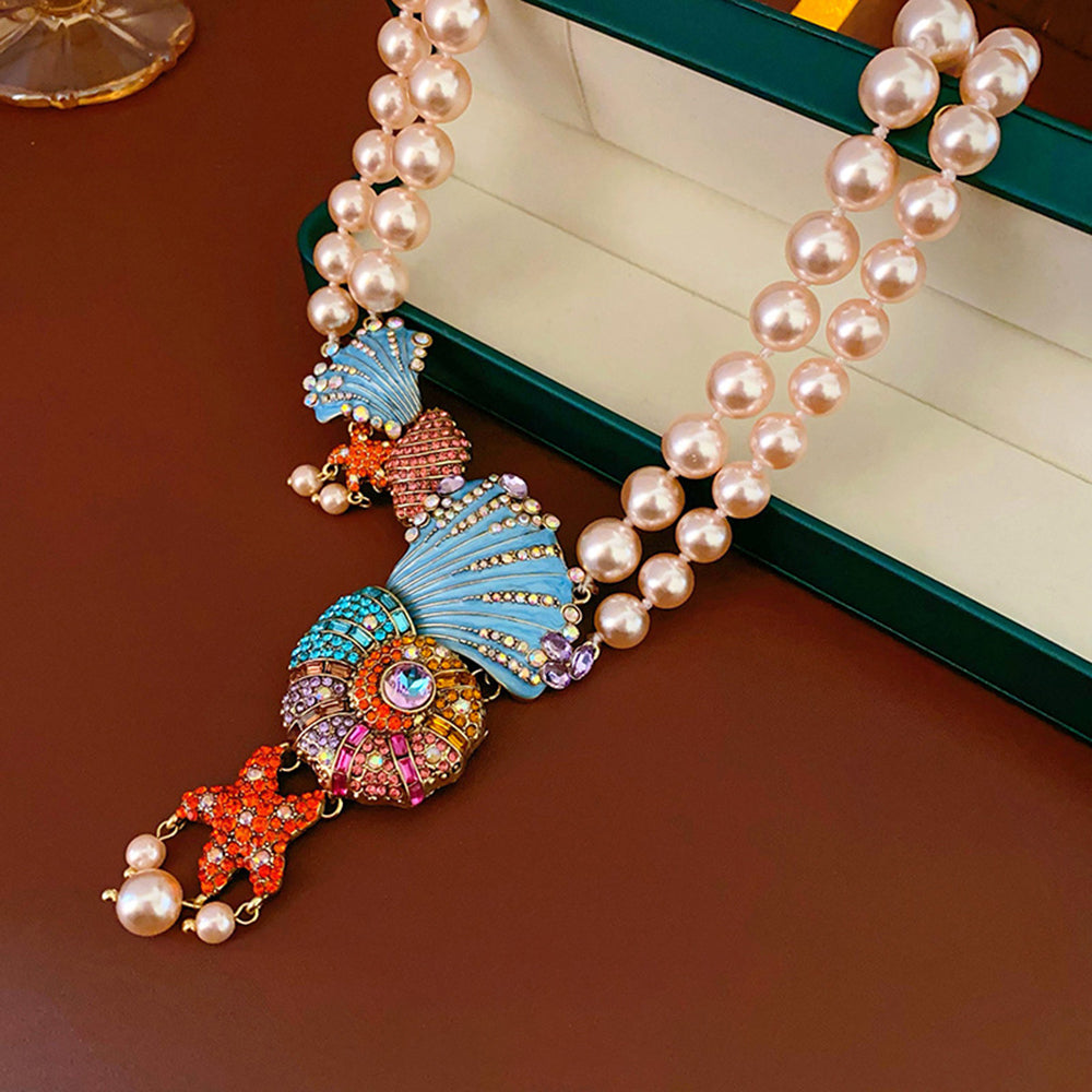 Stylish Rhinestones Brid Pendant Pearl Chain Necklace 6W6JNC934