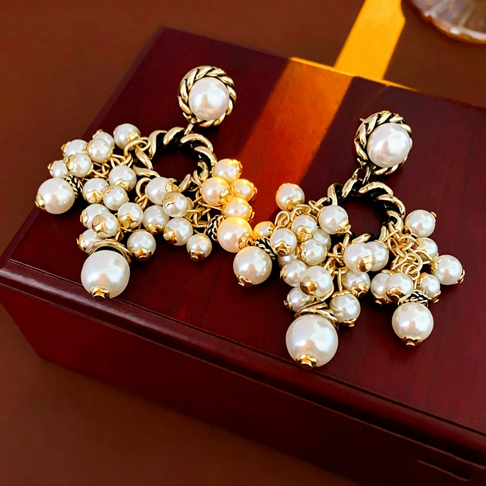 Gold Pearl Cluster Tassel Drop Earrings 6W6JER792
