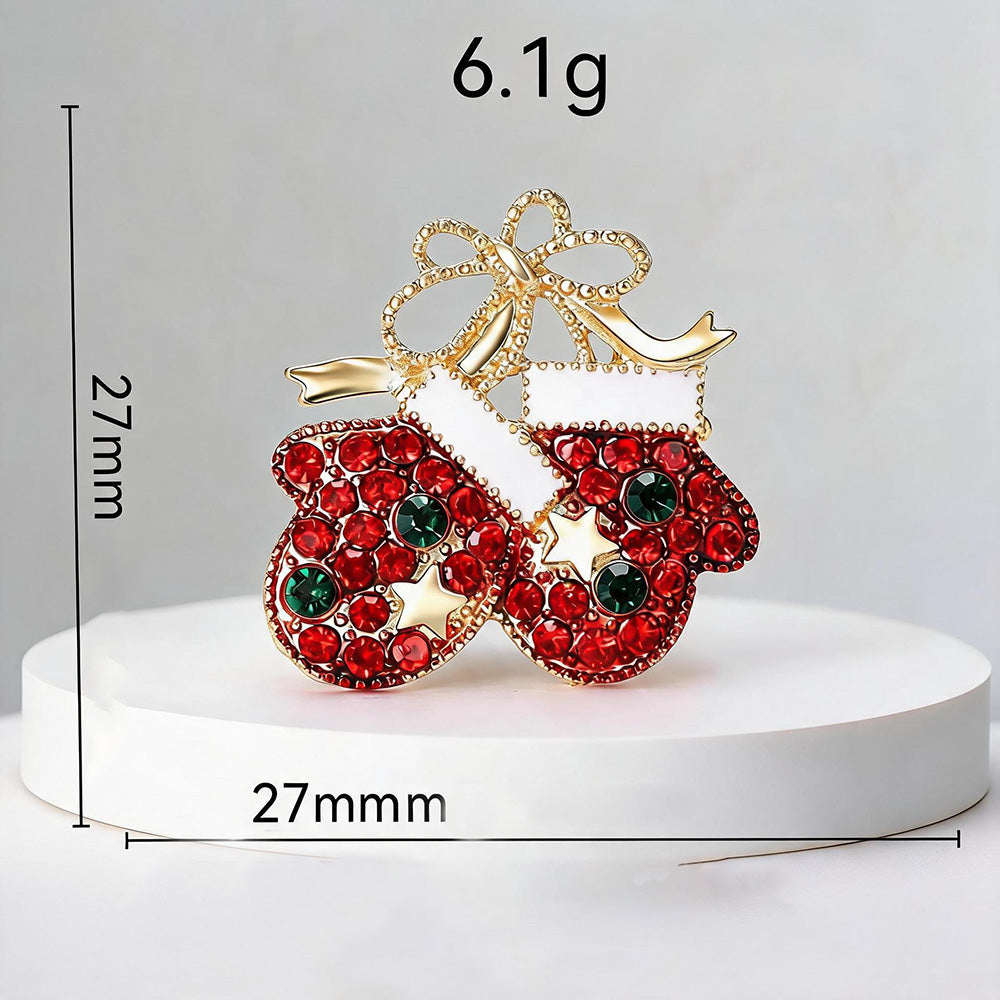Enamel Rhinestone Christmas Mitten Brooch Pin 6W6JPB58