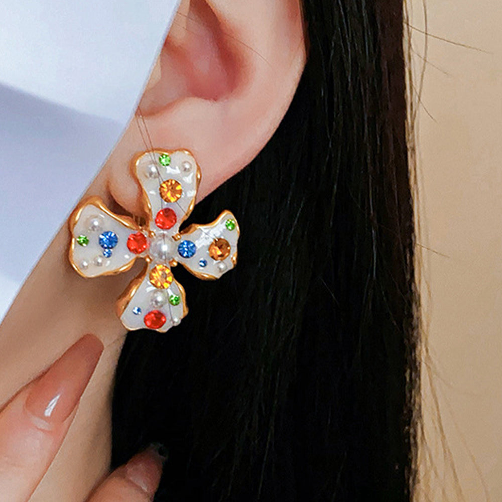 Elegant Colorful Rhinestone Flower Pearl Earrings 6W6JER824