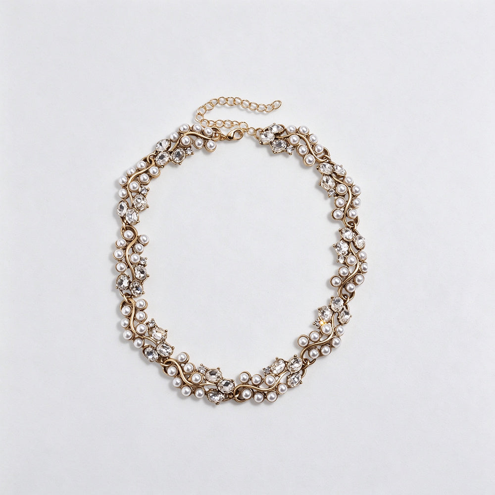Vintage Rhinestone Rattan Splice Pearl Necklace 6W6JNC949