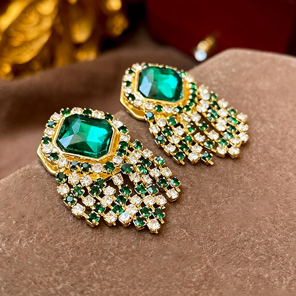 Vintage Emerald Crystal Tassel Dangle Earrings 6W6JER759