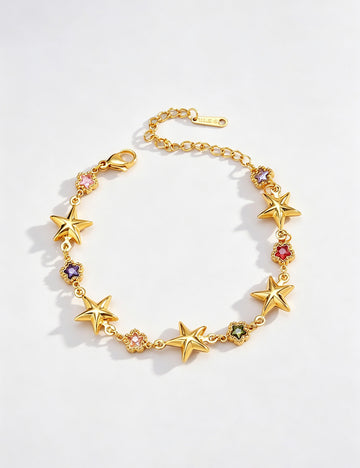 Fashion Gold Plated Star Flower Charm Bracelet 6W6JBR519