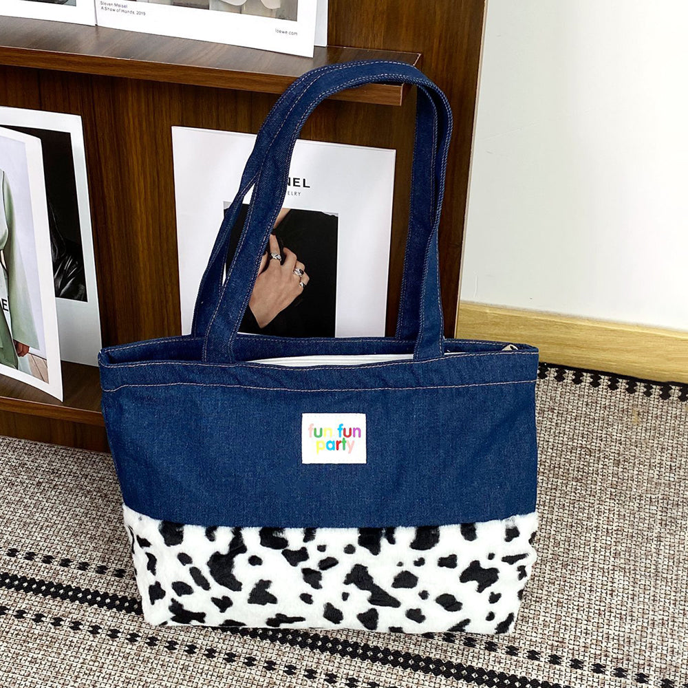 Cow Print Denim Tote Bag - DippedShop Wholesale - #4835