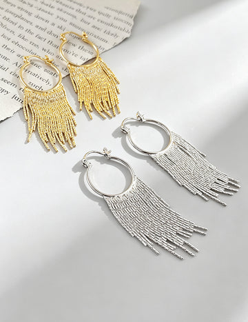Stylish Gold Plated Long Tassel Hoop Earrings 6W6JER705