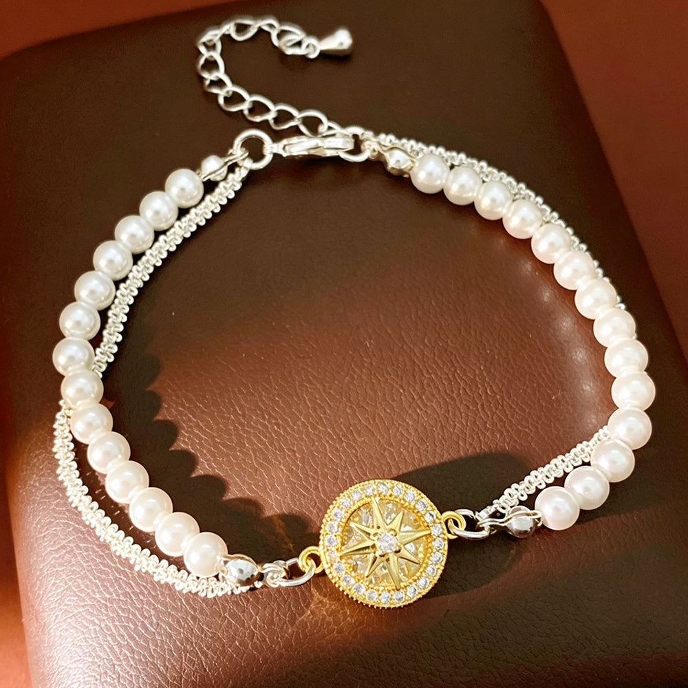 Chic Double Layer Pearl Disc Pendant Bracelet 6W6JBR716