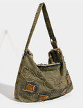 Vintage Washed Distressed Denim Studded Shoulder Bags 6W10BBG1338