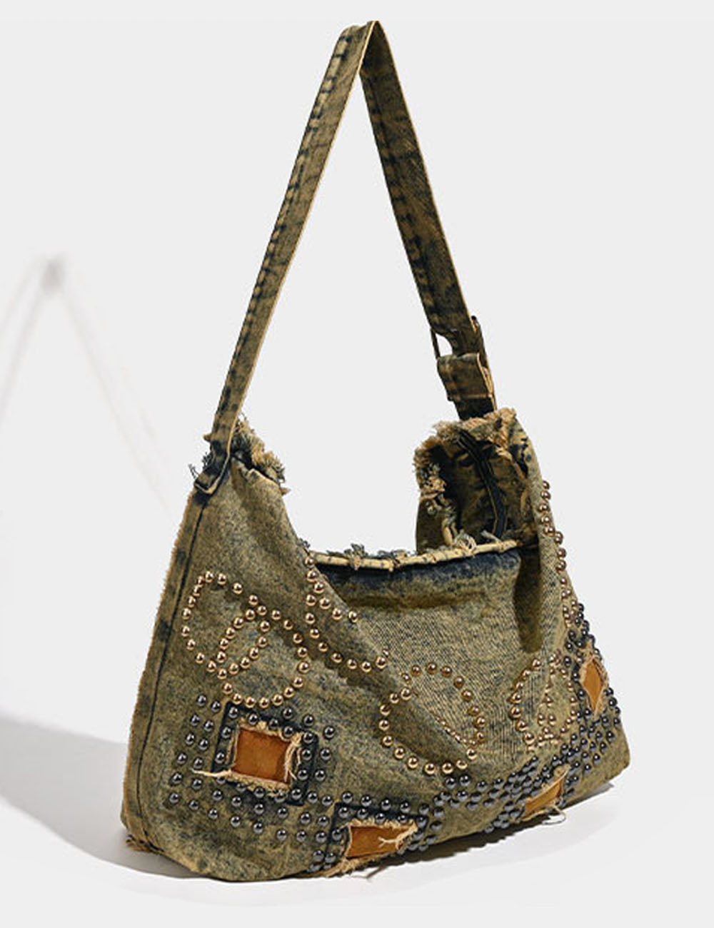 Vintage Washed Distressed Denim Studded Shoulder Bags 6W10BBG1338