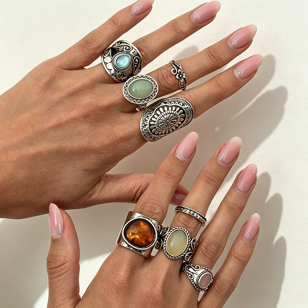 Carved Gemstone Ring Set - DippedShop Wholesale - #4115