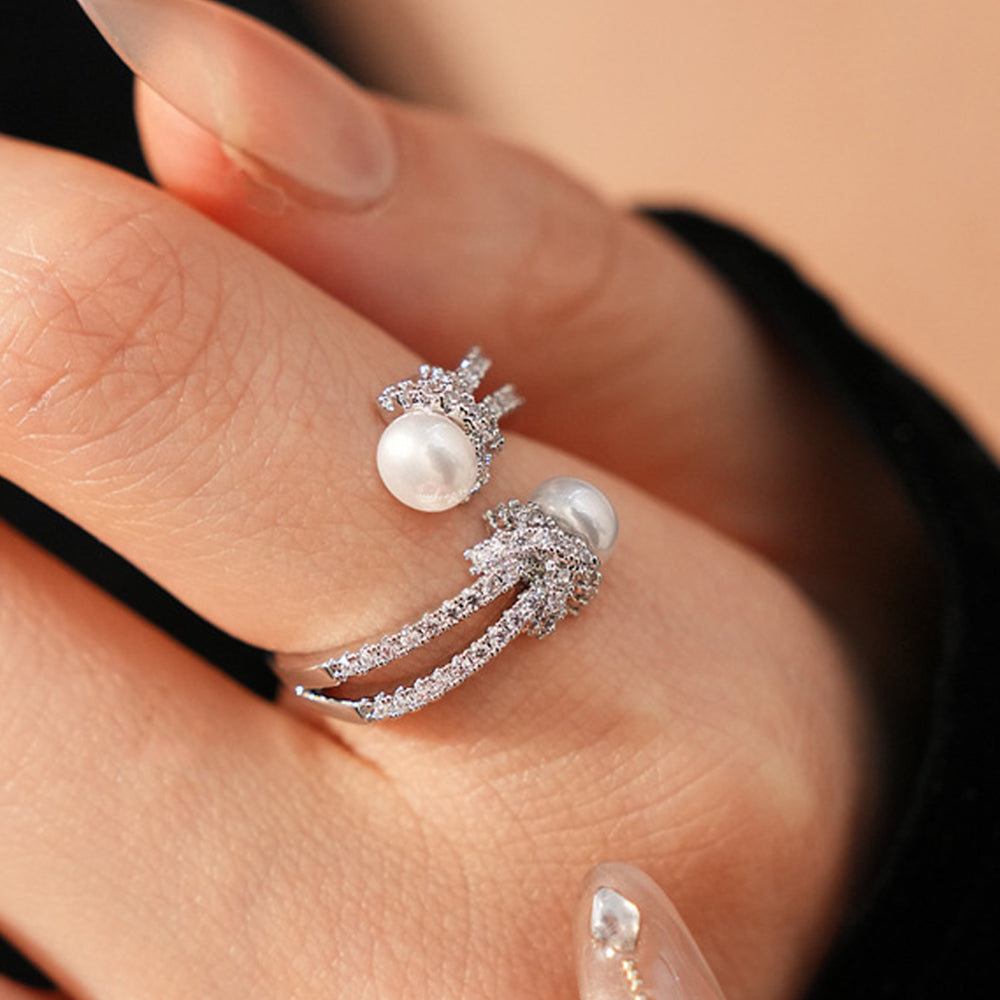 Elegant Cubic Zirconia Knot Pearl Open Ring 6W6JRG366