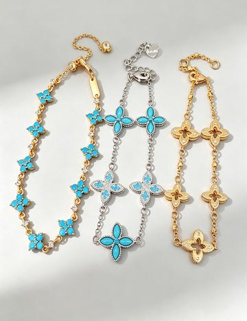 Vintage Rhinestones Enamel Floral Chain Bracelet 6W6JBR719