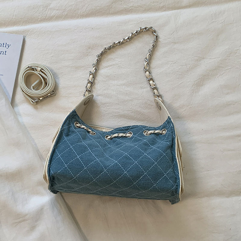 Quilted Drawstring Denim Bucket Handbag 6W10BBG1353
