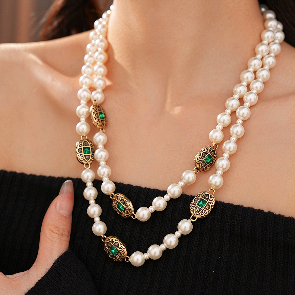Vintage Double Layer Rhinestone Geometry Pearl Necklace 6W6JNC951