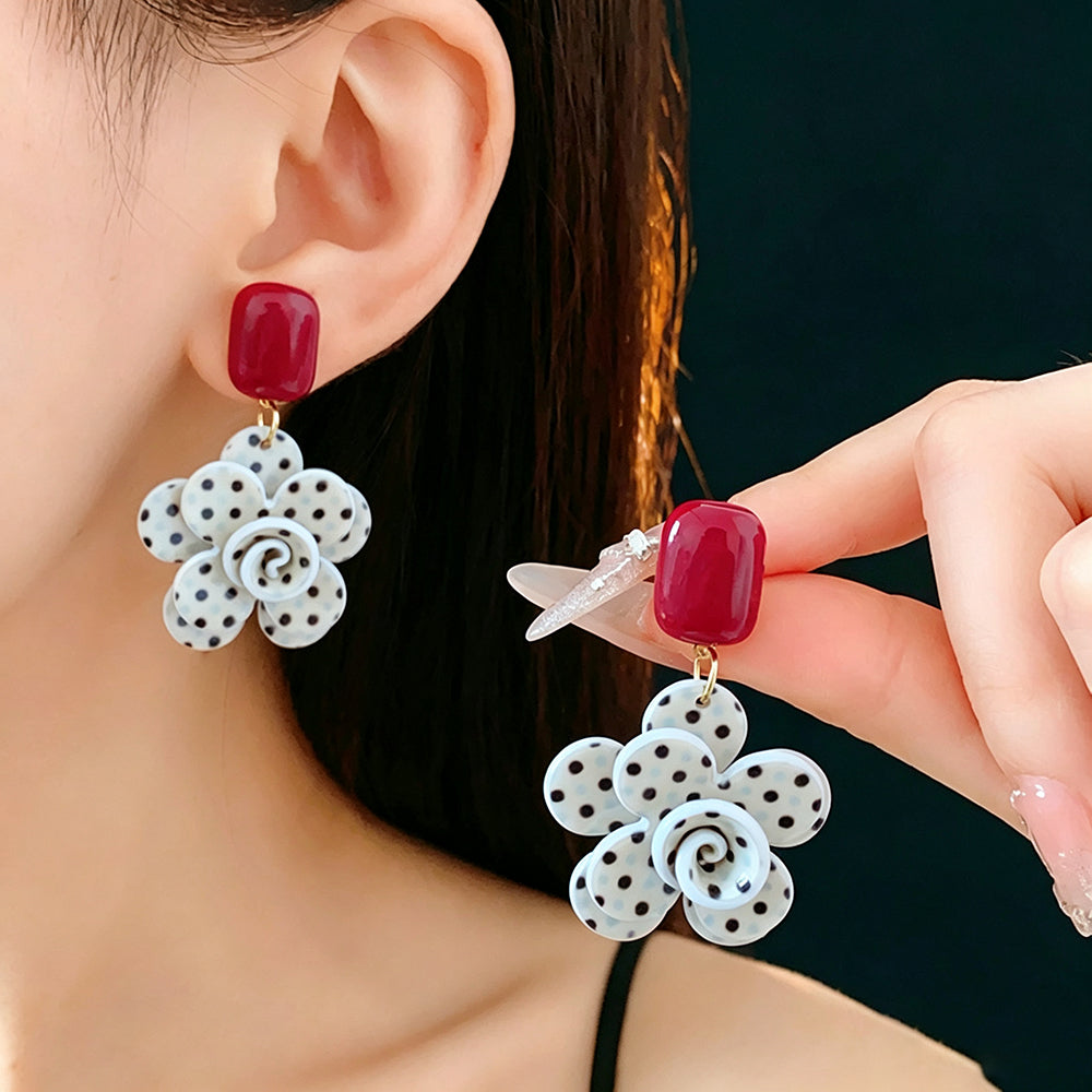 Elegant Polka Dot Flower Drop Dangle Earrings 6W6JER723