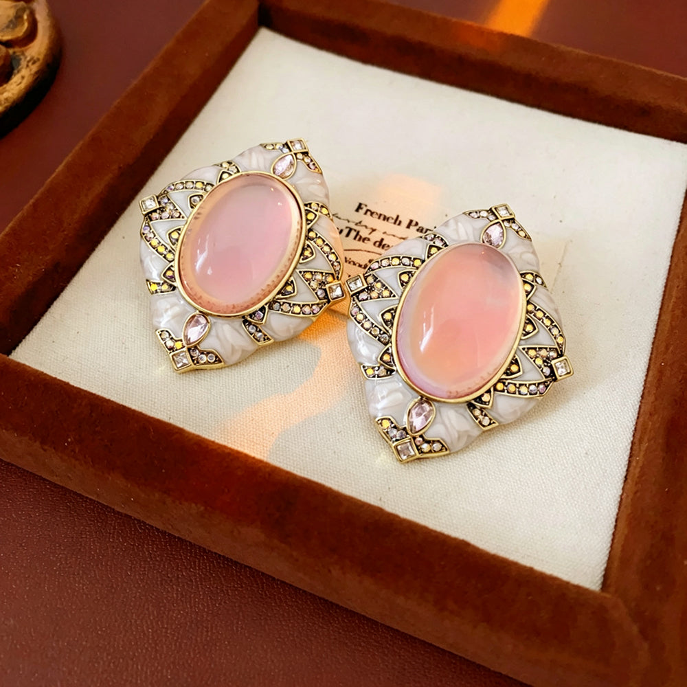 Vintage Oval Gemstone Rhinestone Stud Earrings 6W6JER730