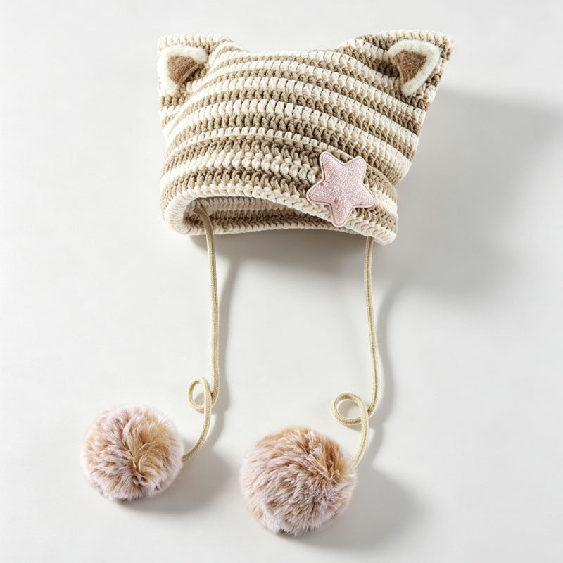 Cute Striped Cat Ear Beanie Hat With Pompoms 6W6HAT524