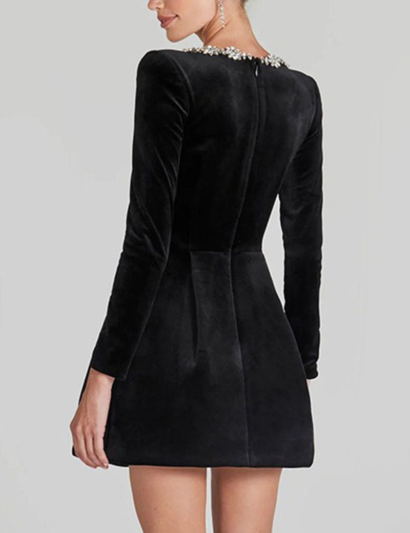 Elegant Velvet Rhinestone Trim Mini Dress DP25E676