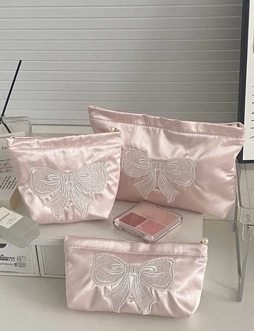 Cute Embroidered Bow Satin Makeup Bag DP25E653