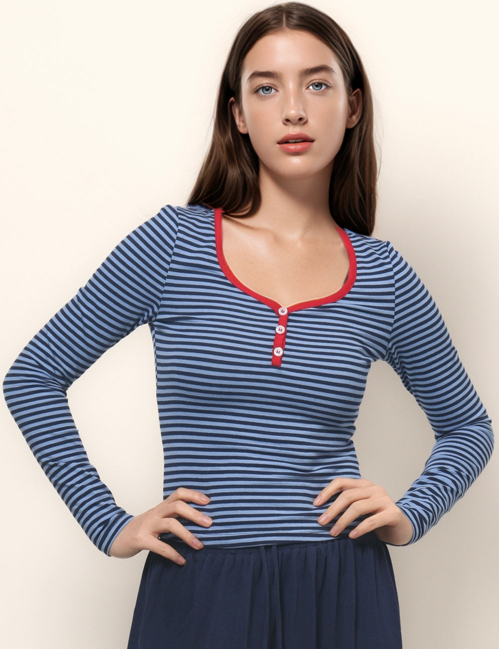 Color Block Striped Button Slim Fit Knit Top DPT4856