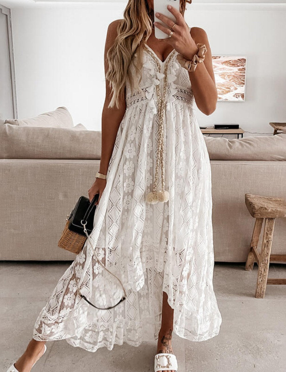 V-Neck Lace Irregular Long Dress DP25A521