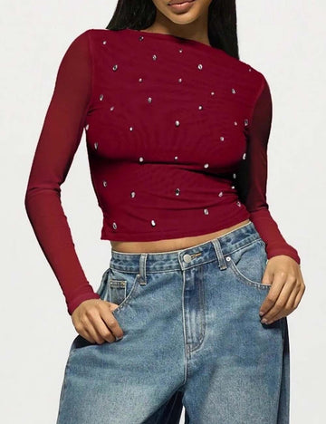 Rhinestone Mesh Solid Color Long Sleeve Blouse DP25H404