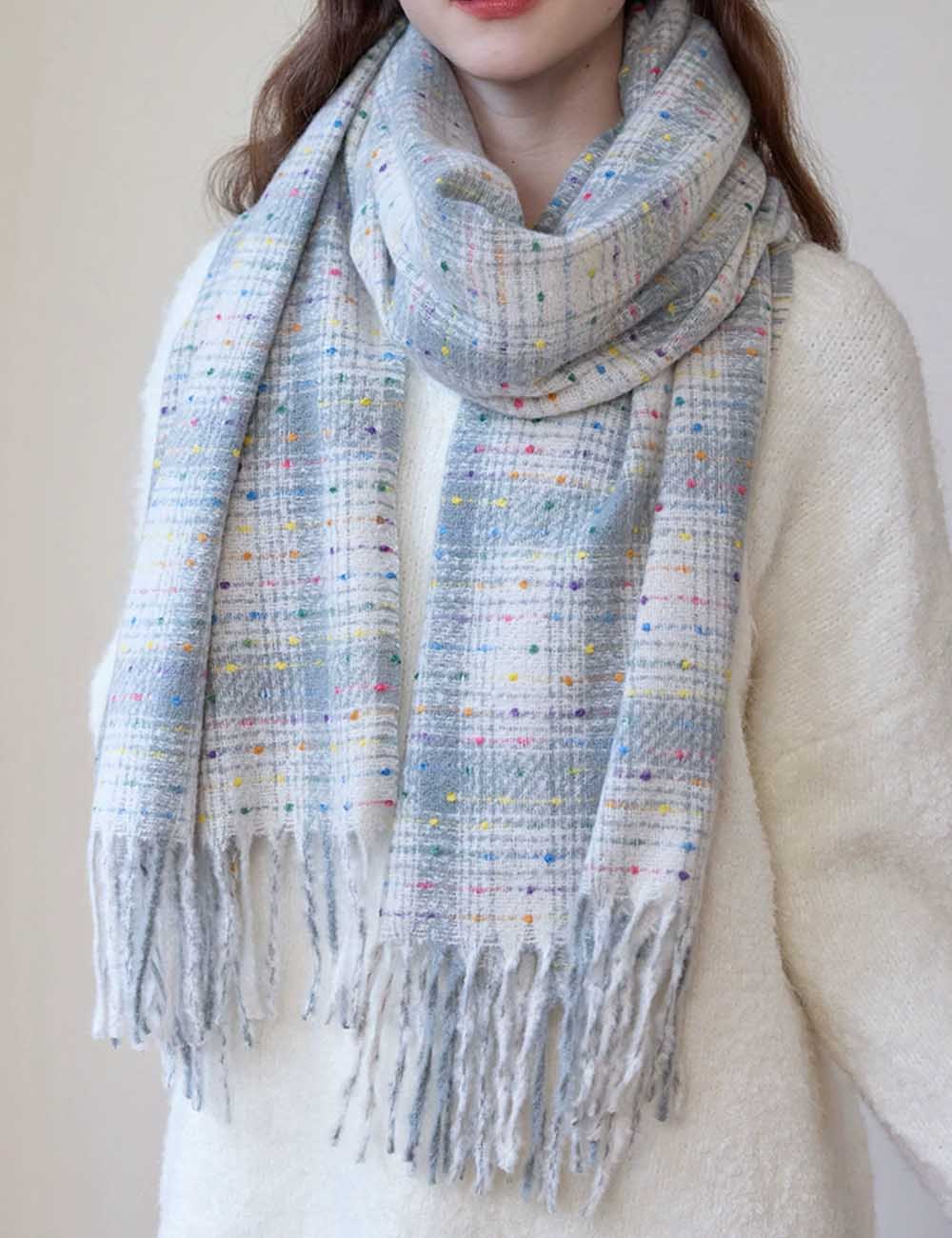 Sparkling Multi-Color Dots Plaid Fringe Scarf DP25F616