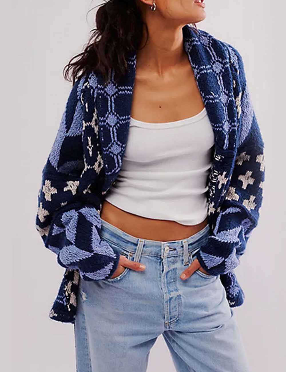 Vintage Floral Print Lapel Collar Loose Cardigan DP25E546