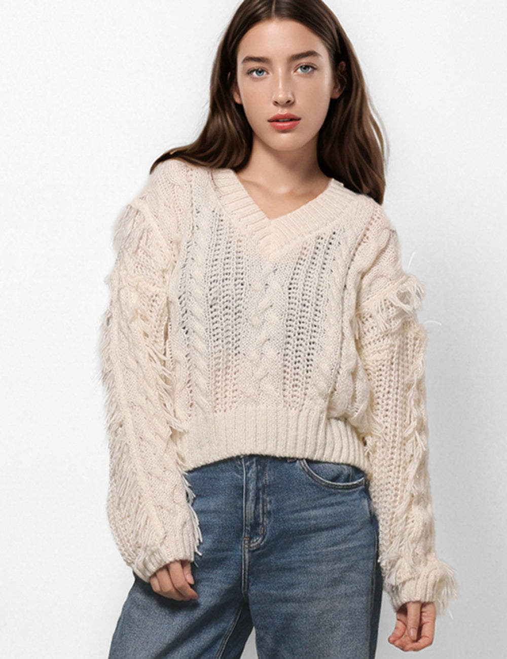 Twist Tassel Loose V-Neck Short Sweater DPT4758