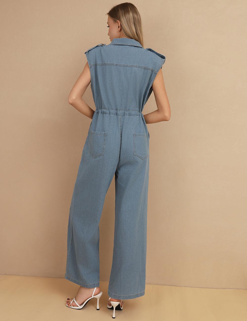 Lapel Sleeveless Denim Jumpsuit - DippedShop Wholesale - #6227