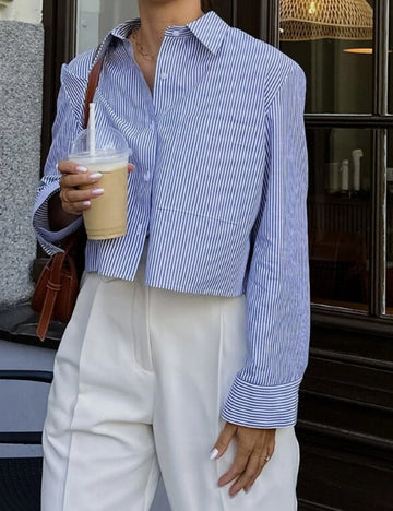 Striped Lapel Button Down Short Shirts DP25B860