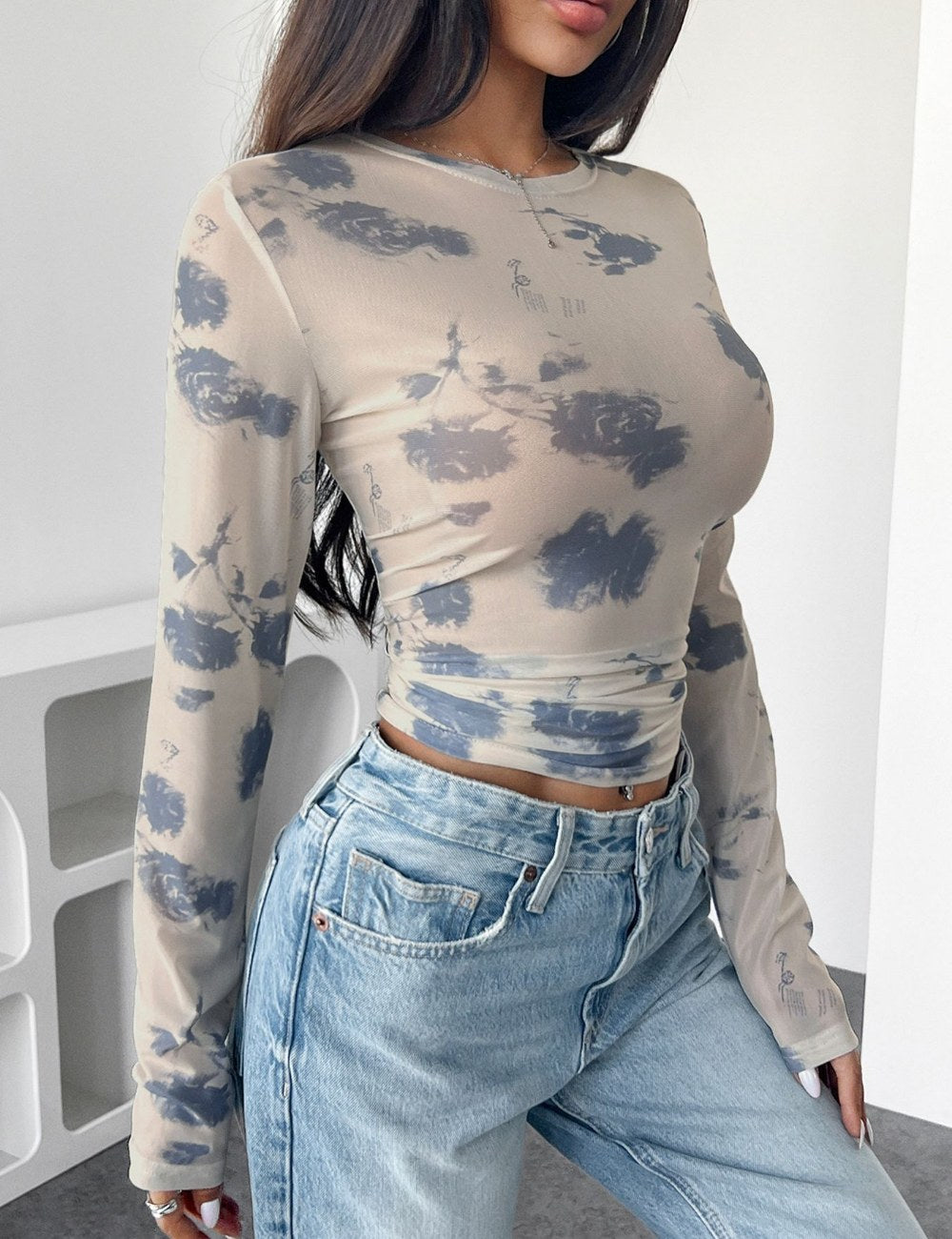 Flower Print Mesh Pleated Slim Short Top DPT2629