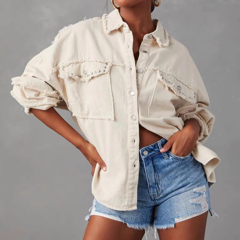 Retro Rivet Studded Frayed Oversize Denim Jacket DP25E565