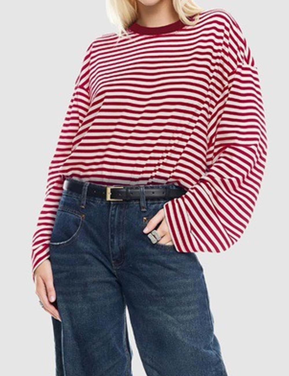 Round Neck Striped Long Sleeve Loose Shirt DP25F521