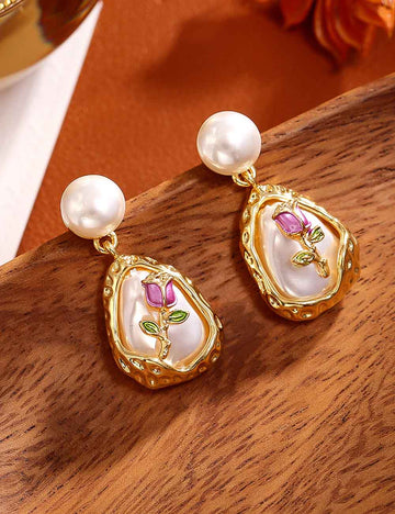 Trendy Baroque Pearl Rose Dangle Stud Earrings DP25E592